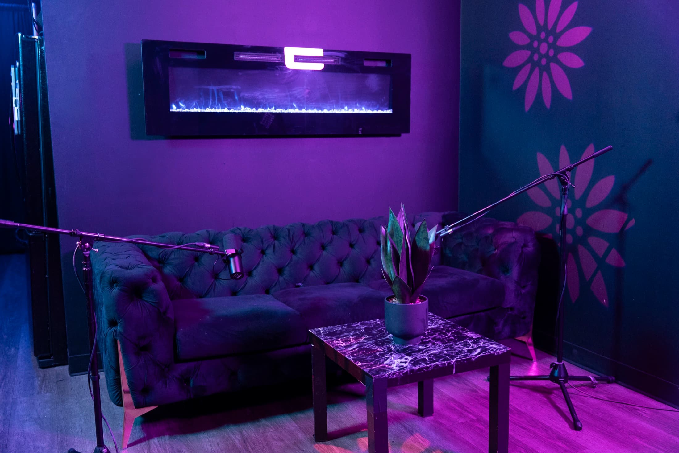 Wide view of the Fireside podcast set — sofa, two mic booms, flower projections on the wall
